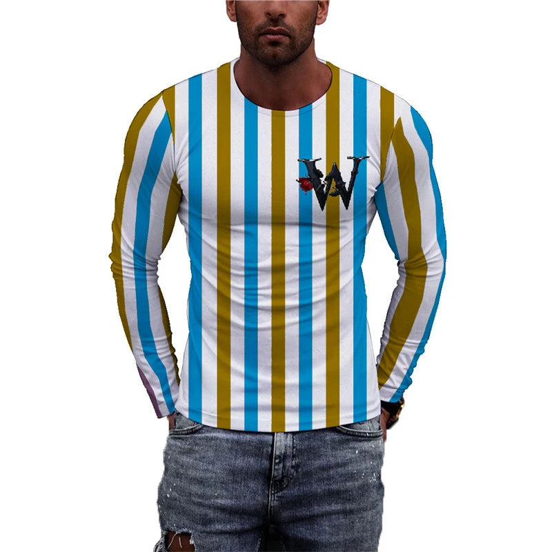 Long Sleeve Striped Men's Fashion T-Shirts Loose Casual Oversize Breathable Tops 3D Printed Letters Street Hip Hop Male Top Tee
