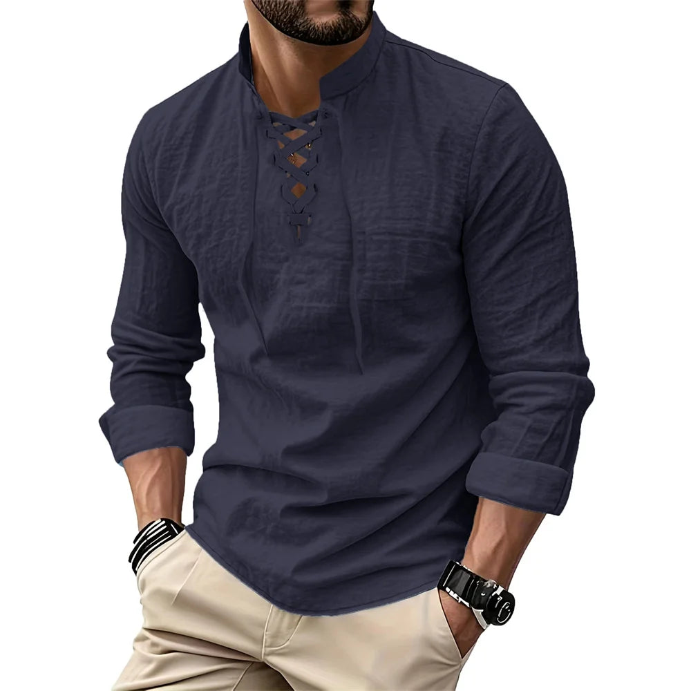 Men’s Vintage V-Neck Cotton-Linen Shirt