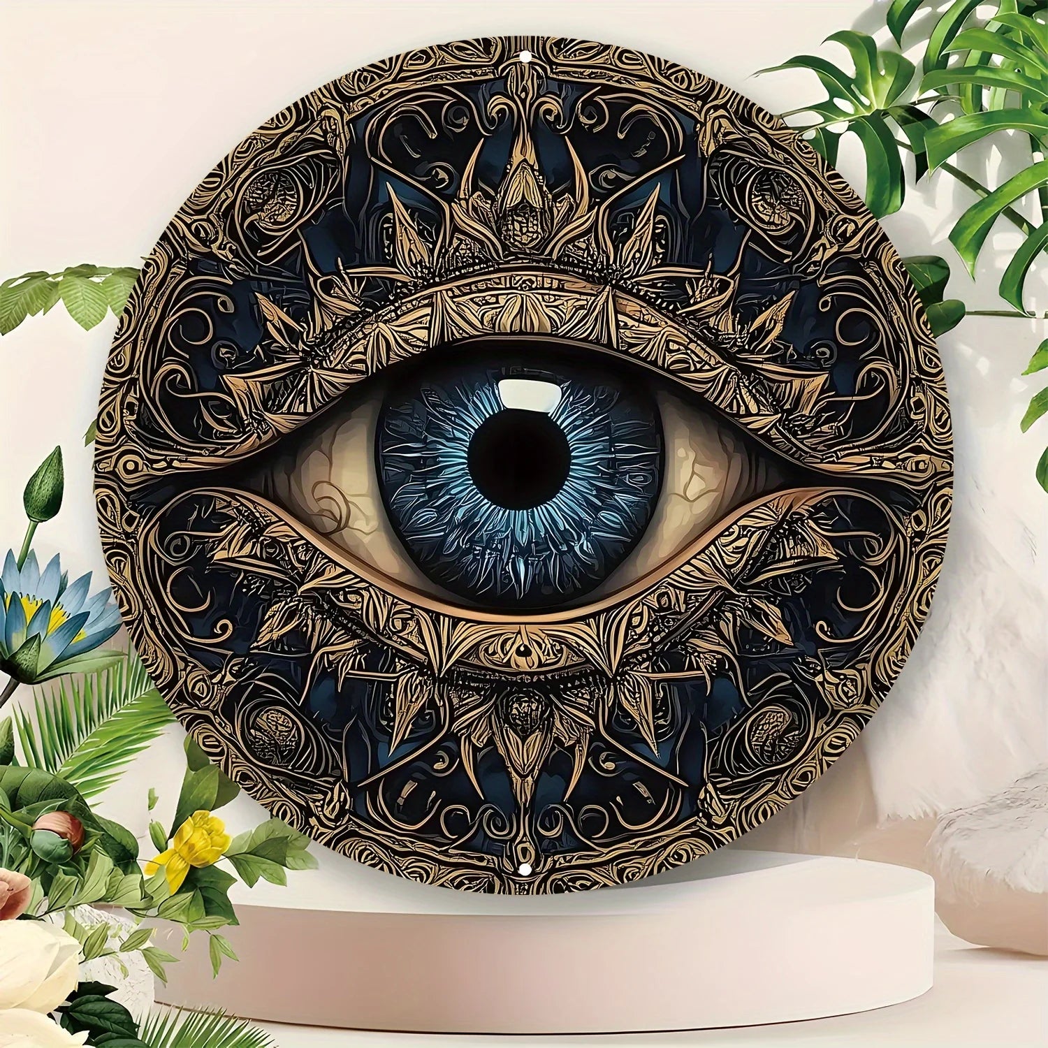 Evil Eye 8x8" Round Aluminum Wall Art - Versatile Home Decor for Living Room, Bathroom & More