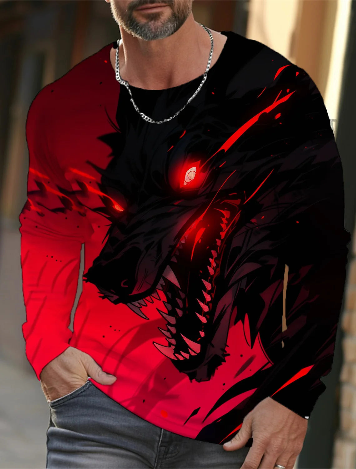 2024 new men's Ukiyoe long-sleeved T-shirt 3d printed high-definition wolf print men's autumn top casual round neck T-shirt