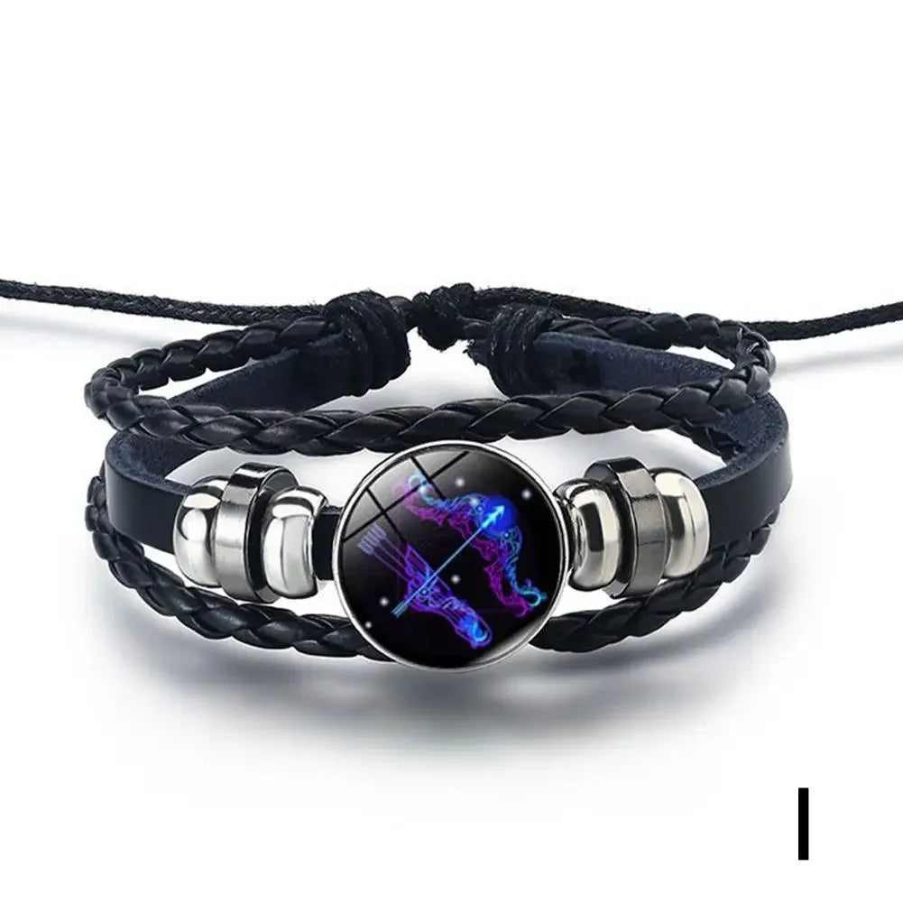 12 Constellation Gem Leather Bracelet Men Women Glass Bracele Couple Leather Multilayer Weave Birthday Gift Bangle Gem