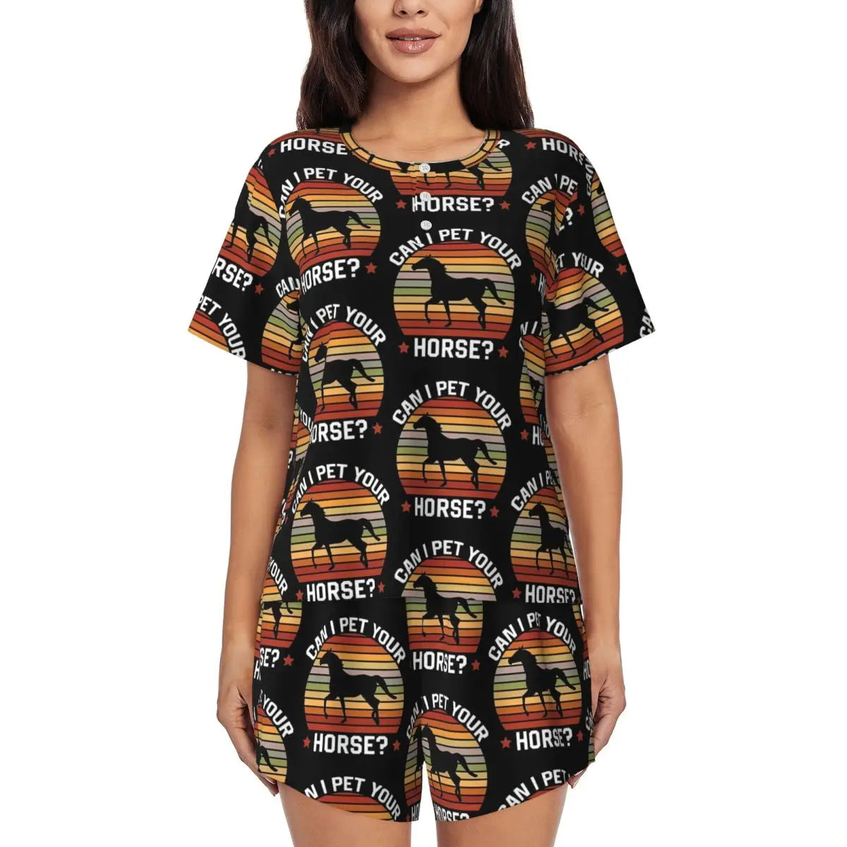 Horse Race Pajamas Summer 2 Pieces 1930s Classic Art Cute Pajama Sets Womens Short-Sleeve O Neck Night Pattern Sleepwear