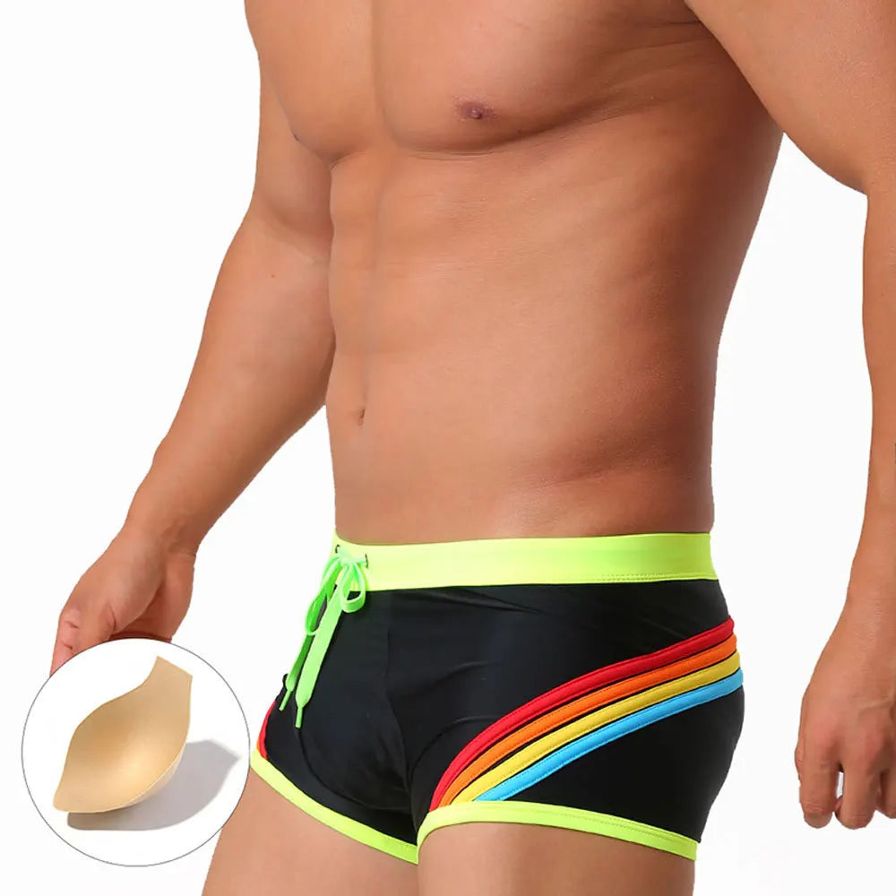 Summer Rainbow Striped Swim Trunks for Men High Quality Quick Drying Sports Swimming Briefs Boxer Bathing Swimsuit Beach Shorts