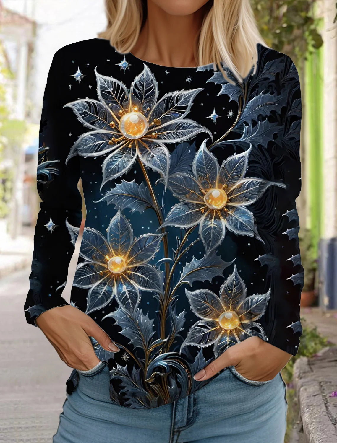 2024 women's fashion retro tops long sleeve round neck pullover casual long sleeve t-shirt new 3d printed lotus print t-shirt