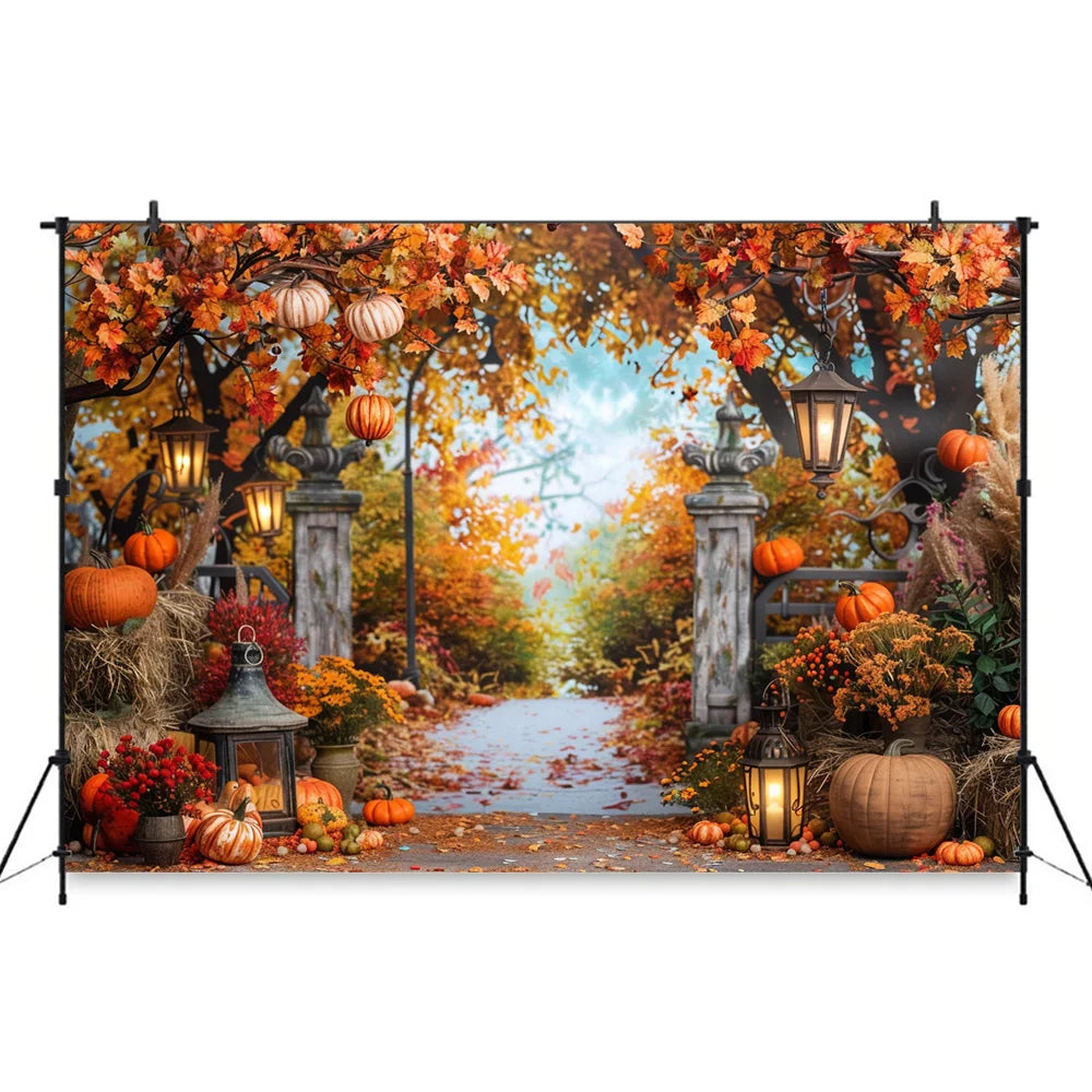 Autumn Photography Background Pumpkin Maple Leaves Street Light Backdrop Decor Family Kid Thanksgiving Day Birthday Photo Studio