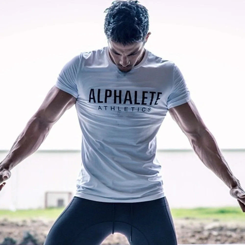 New Cotton Casual Print T-shirt Men Short Sleeve Skinny Tees Shirt Male Gym Fitness Tops Summer Sport Training Crossfit Clothing