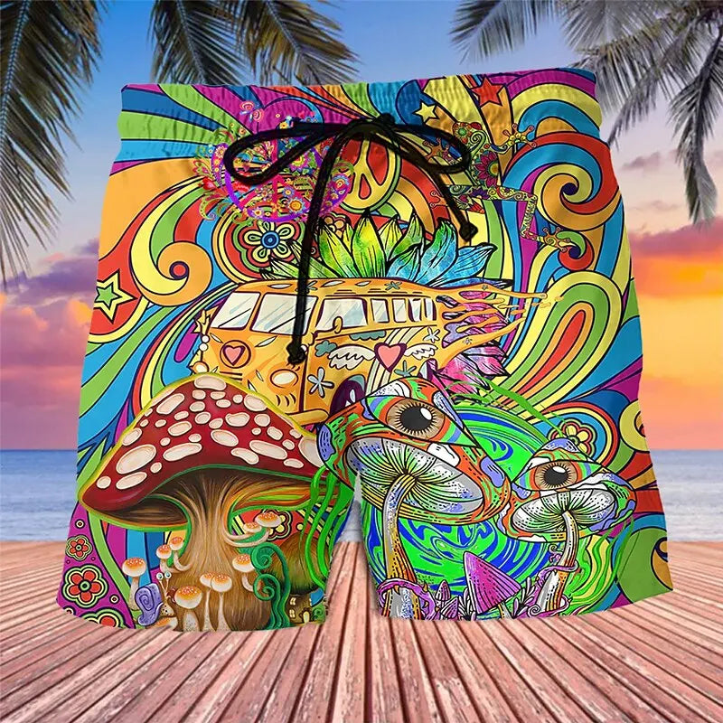 3D mushroom print men's casual shorts Tropical summer vitality style fashion shorts, quick-drying and comfortable close-fitting