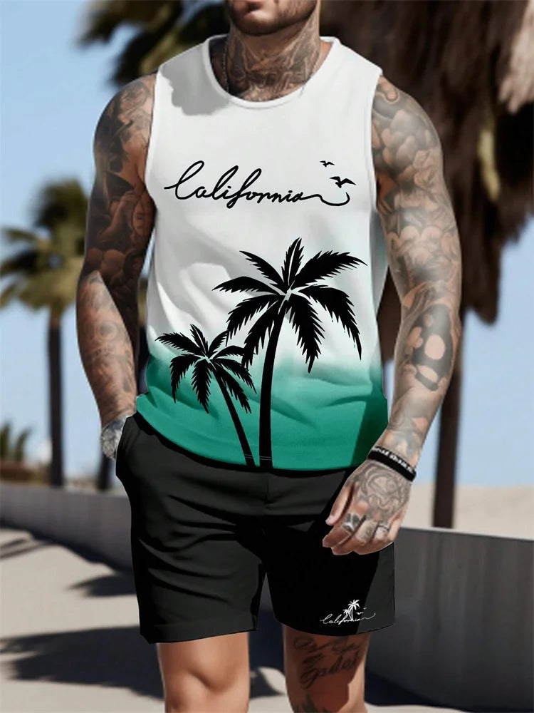 Summer Tank Top Men's Hawaii Beach Casual Clothing Quick Drying Silk Fit Sleeveless Shirt Mens Fashionable Body-Shaping Tank Top