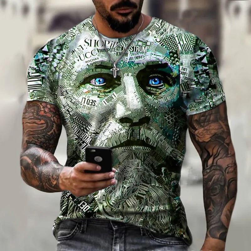 Men's short sleeved T-shirt, 3D digital printed T-shirt, head pattern, outdoor sports, fitness, new design large size 2024