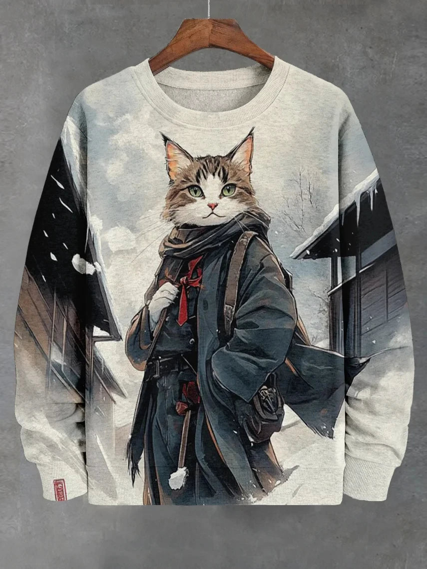 Men's Winter Skiing Animal Kitten Printed Casual Sweatshirt Fashion Round Neck Pullover Sweatshirt Polyester Fabric 2025 New