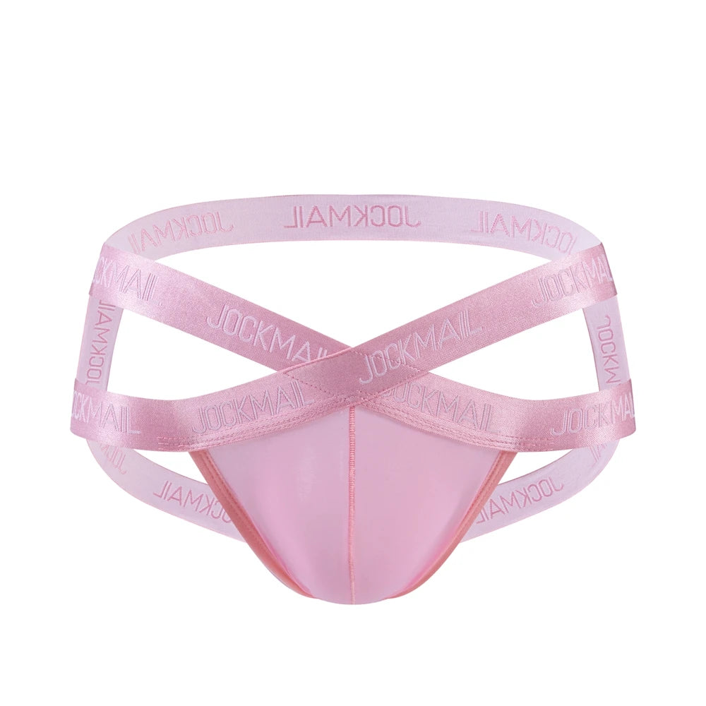 Men Jockstrap Briefs Panties V-shaped Low Waist Sexy Transparent Ice Silk Gay Underwear Sissy Thong Hip Lifting Straps Harness