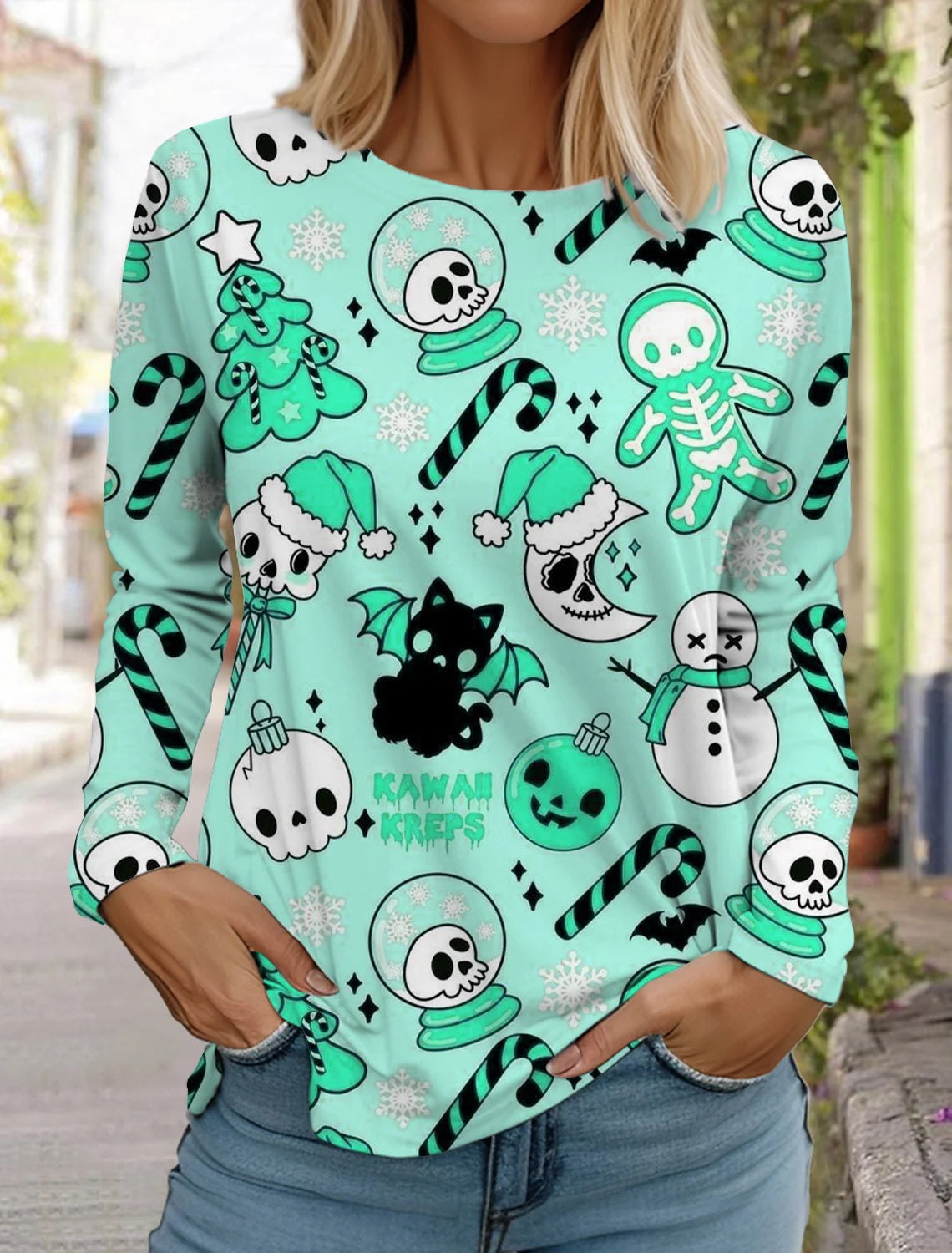Halloween skull pumpkin print pullover autumn and winter women's casual long sleeve round neck sweatshirt men's clothing
