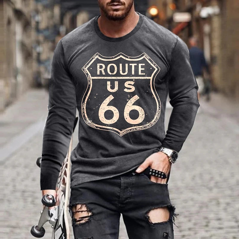 2024 Men's T-shirts Long Sleeve 3d Print Top Casual Cotton Vintage T Shirt Vintage Route 66 Tee Loose Sports O-neck Clothing 5xl