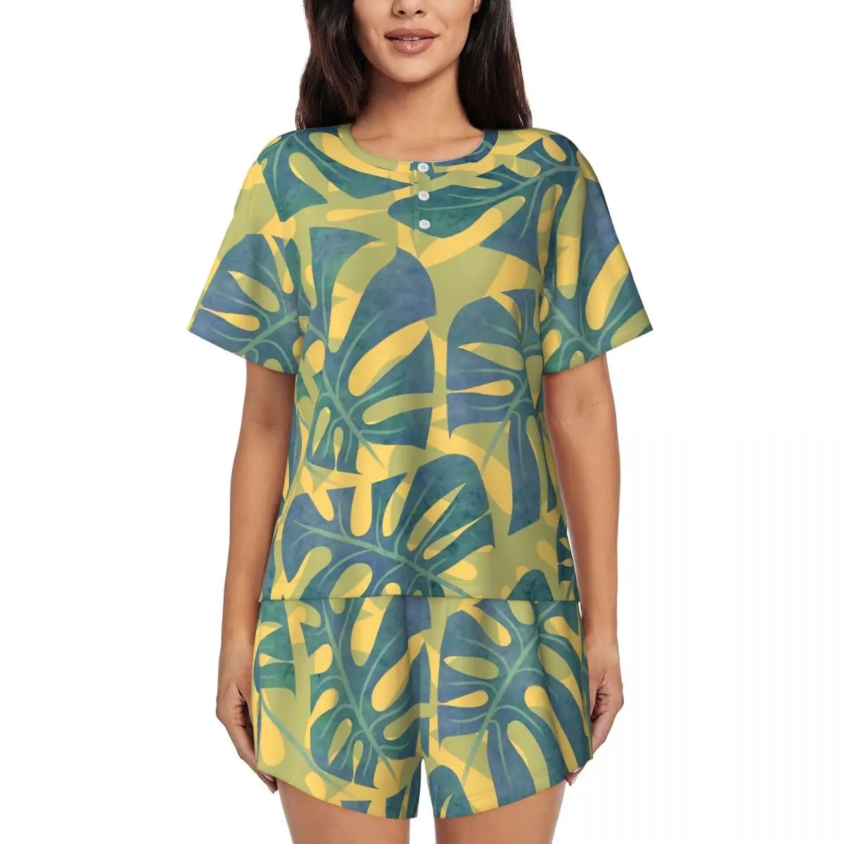 Green Leaf Print Pajamas Short Sleeve Lush Foliage 2 Pieces Leisure Pajama Sets Daily Woman O Neck Vintage Nightwear