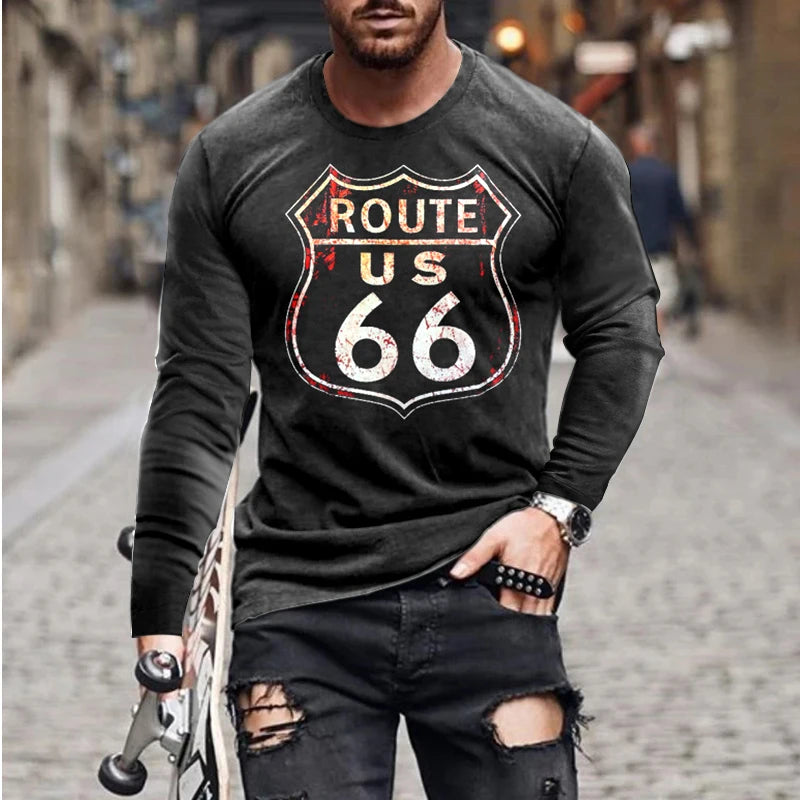 2024 Men's T-shirts Long Sleeve 3d Print Top Casual Cotton Vintage T Shirt Vintage Route 66 Tee Loose Sports O-neck Clothing 5xl