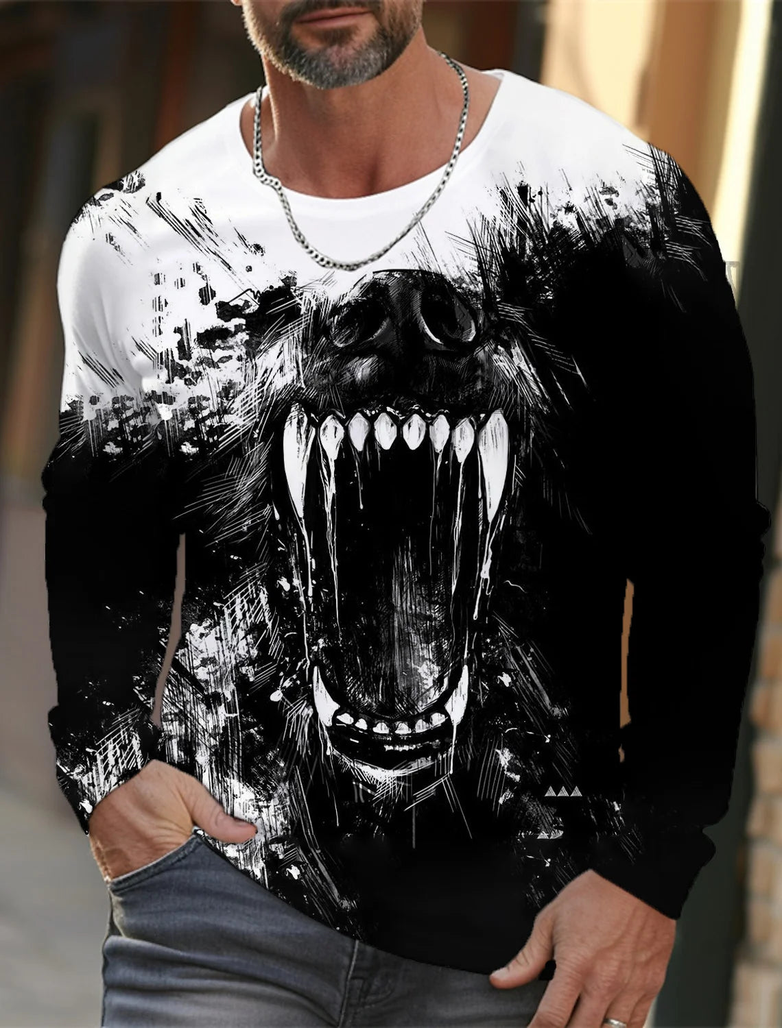 2024 new men's long-sleeved t-shirt 3d printed high-definition wolf animal print men's autumn tops casual round neck t-shirt