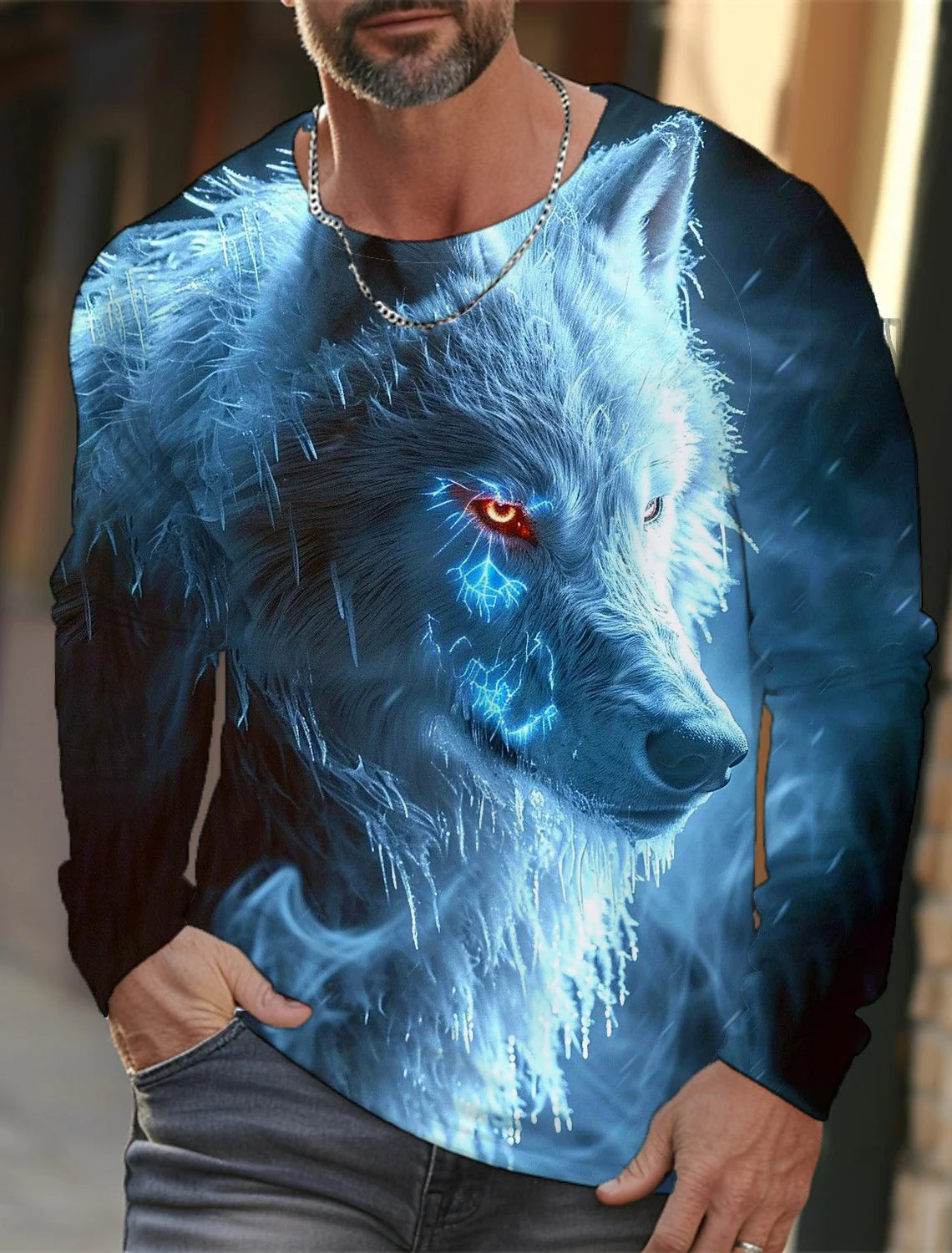 2024 Men's Summer Long Sleeve 3d Printed Wolf Print T-Shirt Tops Men Streetwear Clothing Round Neck Graphic Long Sleeve T-Shirt