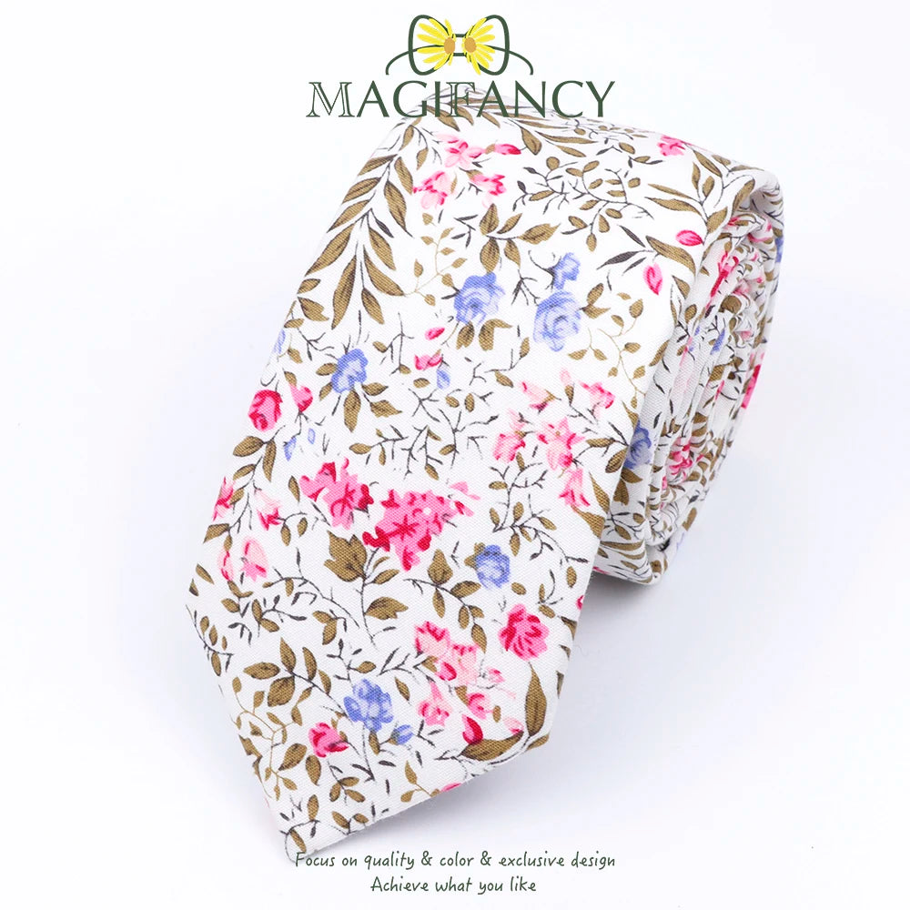 Top Hot Print Floral 6.5cm Necktie 100% Cotton Elegant Beige Sage Pink Men Wedding Party Daily Suit Shirt Cravat Gift Accessory