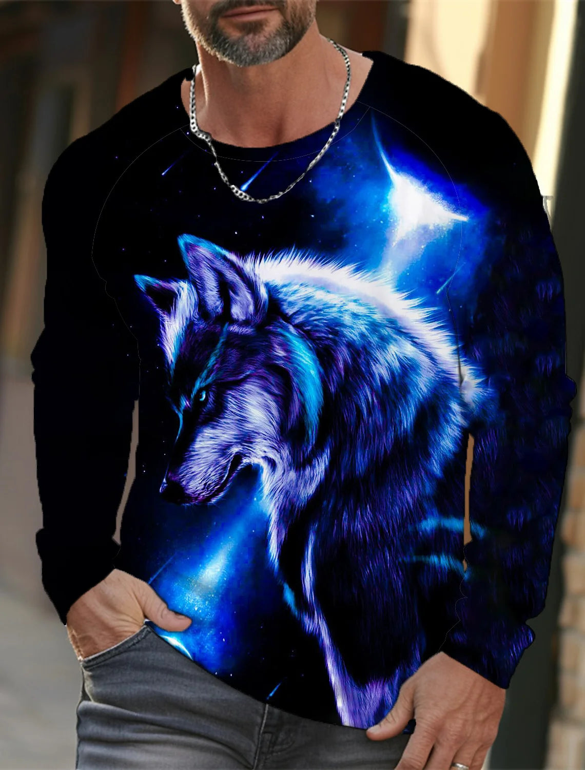 2024 Men's Summer Long Sleeve 3d Printed Wolf Print T-Shirt Tops Men Streetwear Clothing Round Neck Graphic Long Sleeve T-Shirt