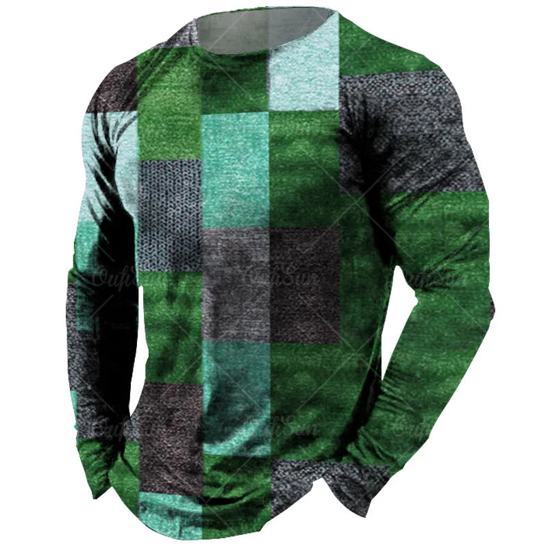 Vintage Men's Long Sleeve T-shirt Tops Plaid Print Autumn Oversized Sweatshirt Male O-neck Casual Daily Streetwear Men Clothing