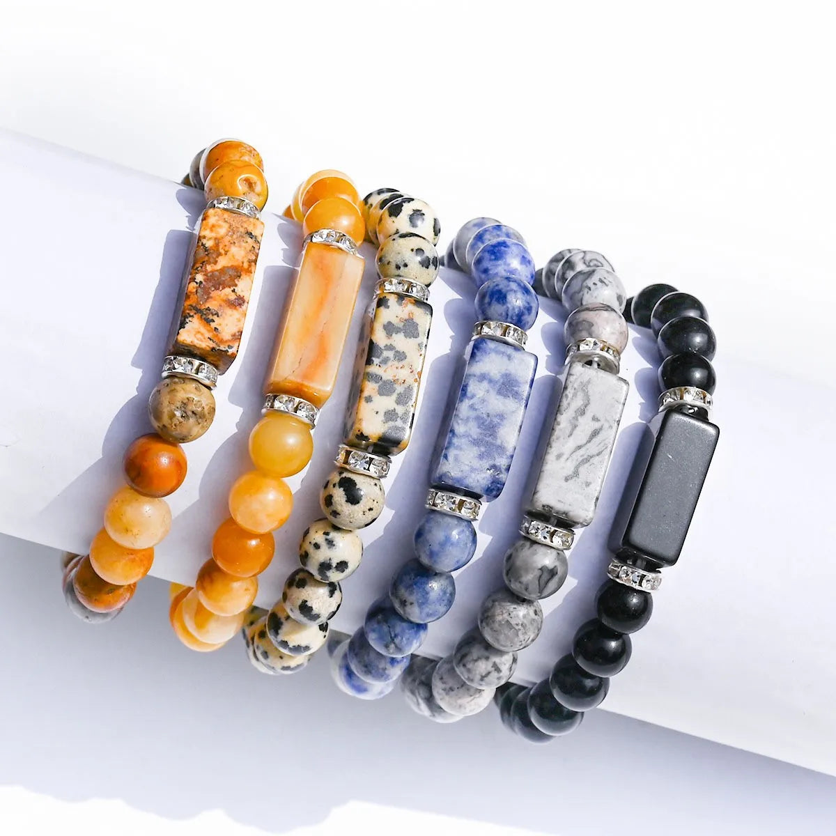 Natural Stone Bracelet: Featuring Rectangular Rose Quartz Plaques, Round Beads, Agate, Obsidian, and Raw Amazonite