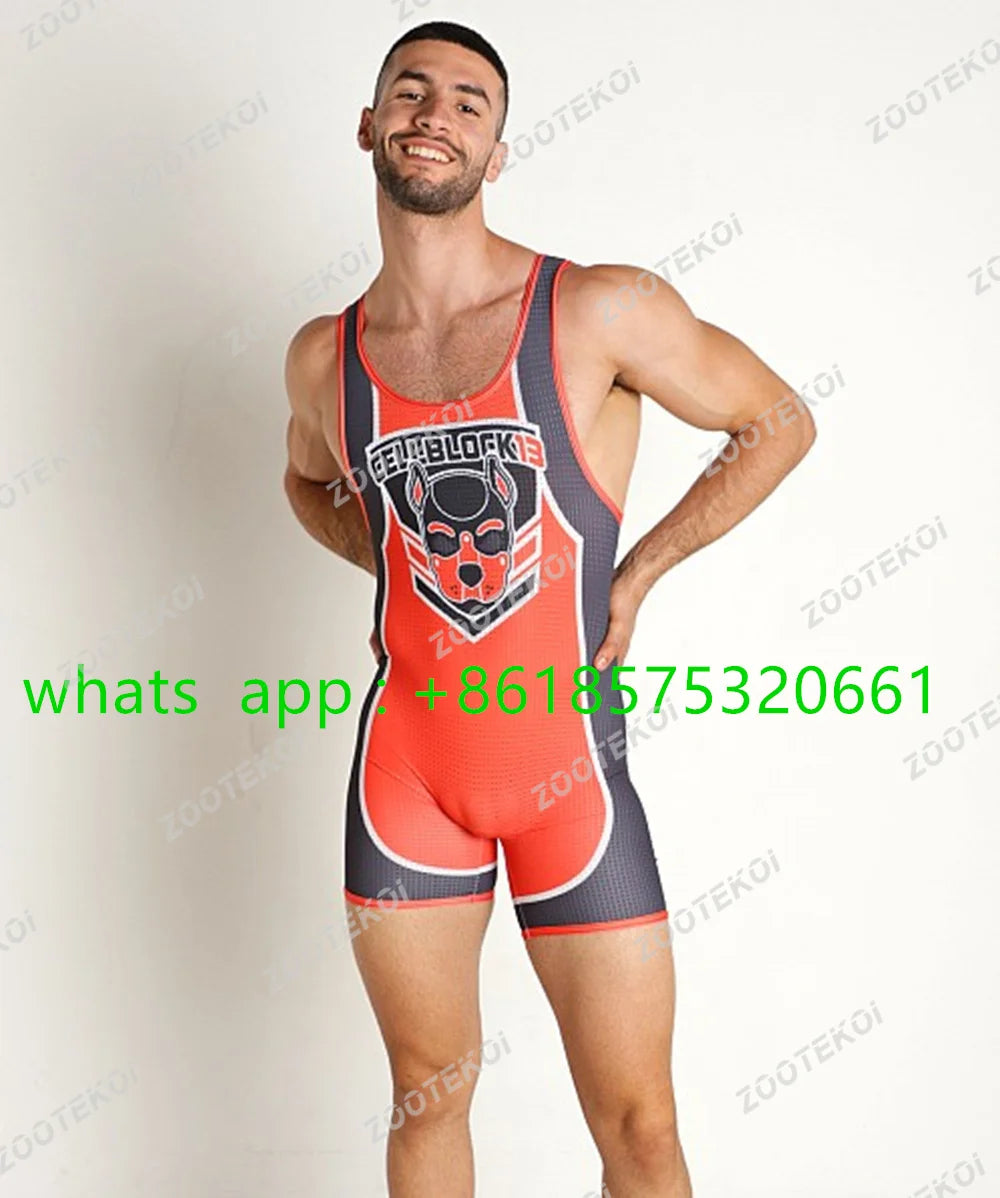 Men One-piece Jumpsuit Athletic Speedsuit Elasticity Sleeveless Wrestling Vest Tights Strength Weightlifting Competition Clothes