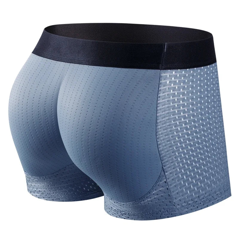 Men's Sexy Fashion Ice Mesh Breathable Butt Lift Boxer Briefs Underwear Padded Underwear Boxer with Hip Pad Buttocks Boxer Trunk