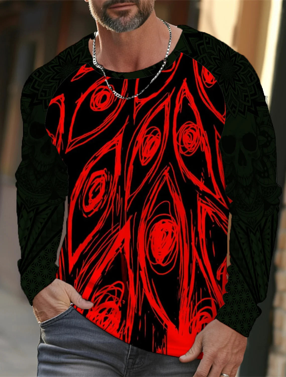 Men's long-sleeved T-shirt 3D printed high-definition skull stitching printing men's autumn tops casual round neck home clothes