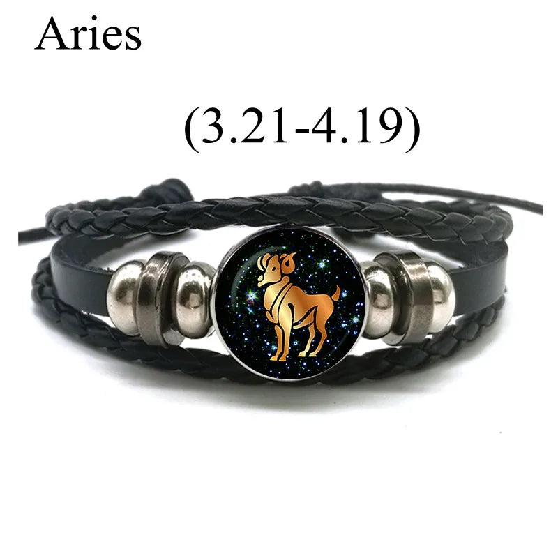 12 Zodiac Signs Leather Bracelet for Men Women Virgo Libra Scorpio Aries Taurus Braided Rope Bracelets Birthday Gift Wholesale