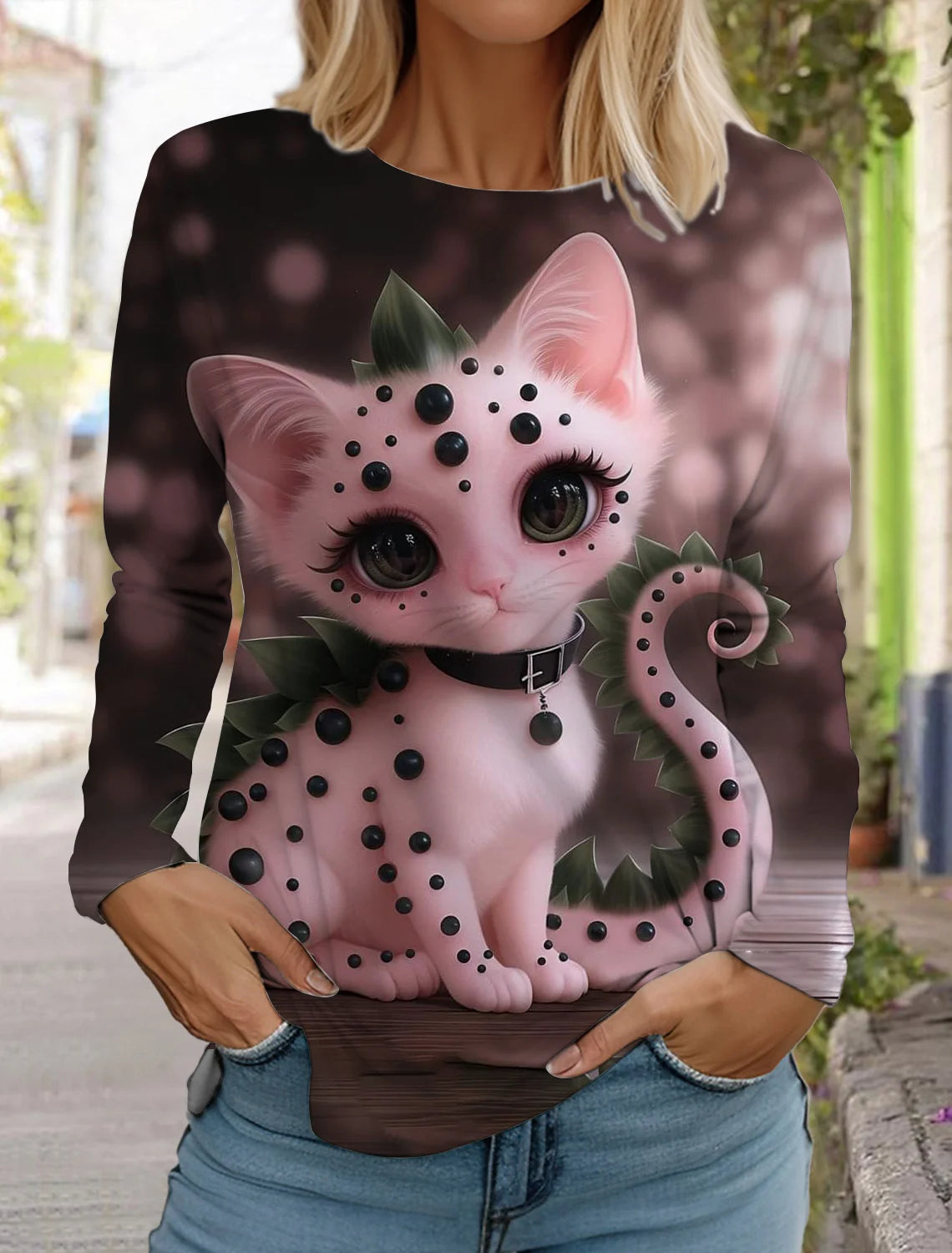 2024 Autumn and Winter Women's Long Sleeve 3D Printed Kitten Cute Print T-Shirt Women's Streetwear Round Neck Long Sleeve