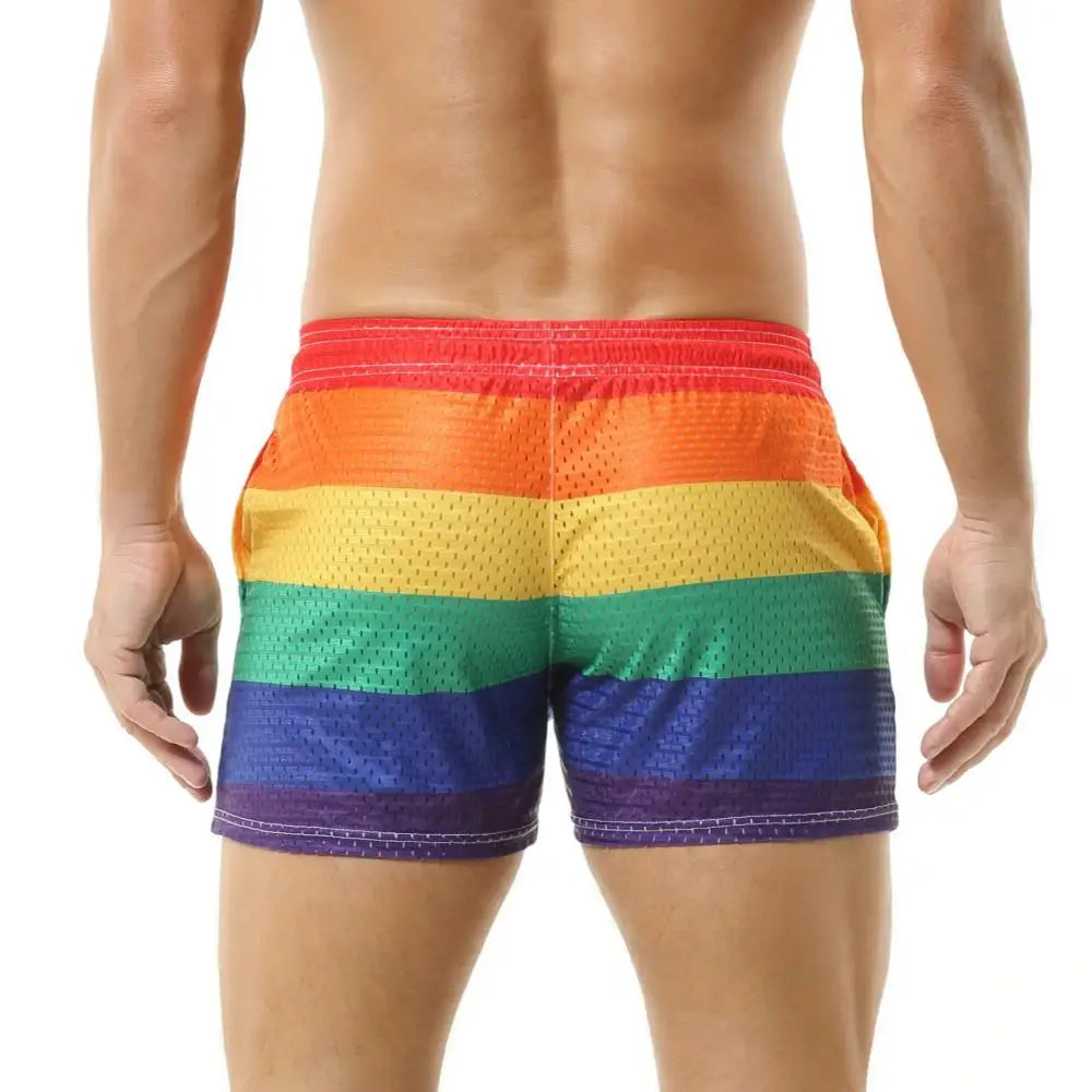 Men's Shorts Rainbow Stripe Fashion Casual Shorts Mesh Breathable Drawstring Sports Shorts Gym Men Boxer Shorts Bottoms Pocket