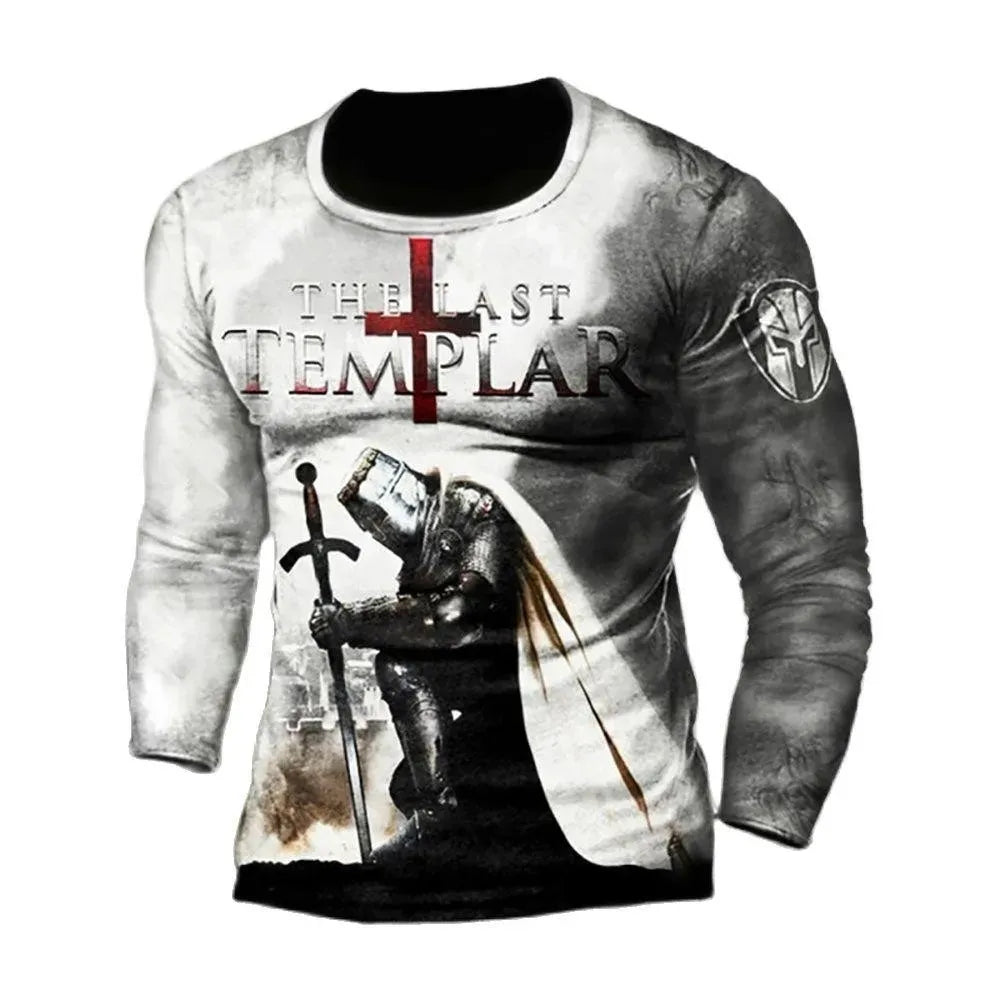 Templar Knight Print Retro Fashion Casual Men's Round Neck Long Sleeve Street Hip Hop Extra Large Speed Drying Wearing T-shirt
