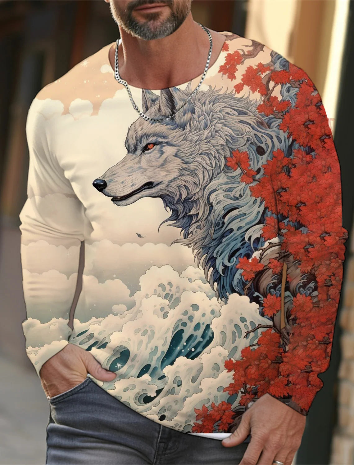 2024 new men's Ukiyoe long-sleeved T-shirt 3d printed high-definition wolf print men's autumn top casual round neck T-shirt
