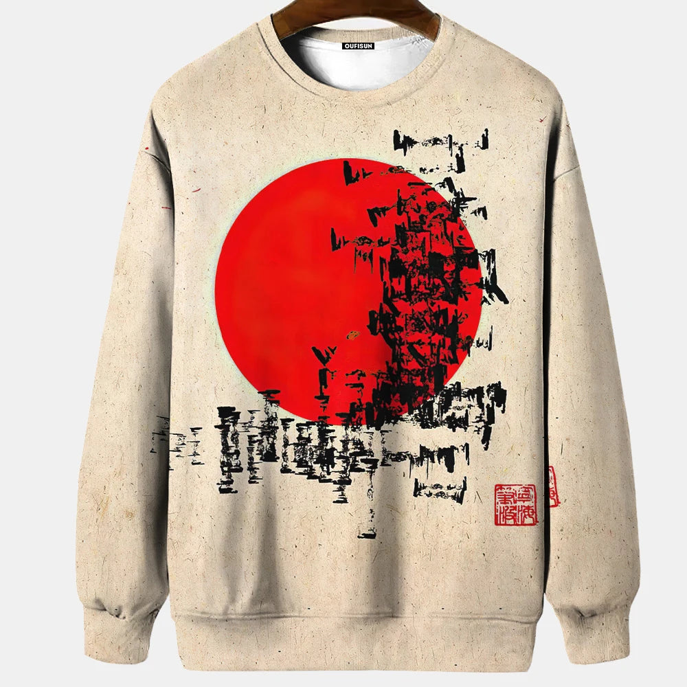 Japanese Ukiyo-e Hoodied Men's Sweatshirts Pullover Sea Wave Ramen Graphic Print Long Sleeves Hoodies Oversized Men Clothing Top