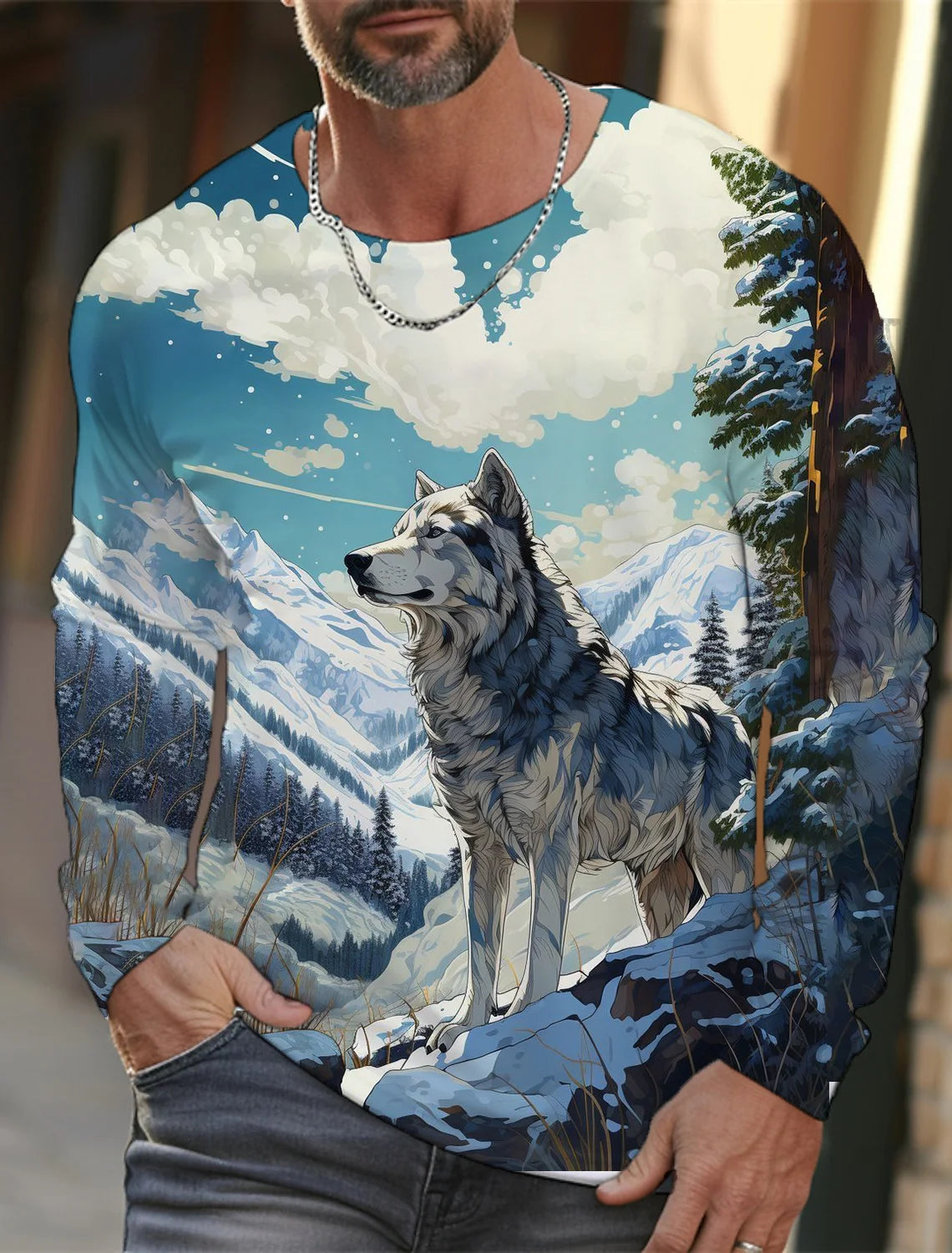 2024 new men's Ukiyoe long-sleeved T-shirt 3d printed high-definition wolf print men's autumn top casual round neck T-shirt