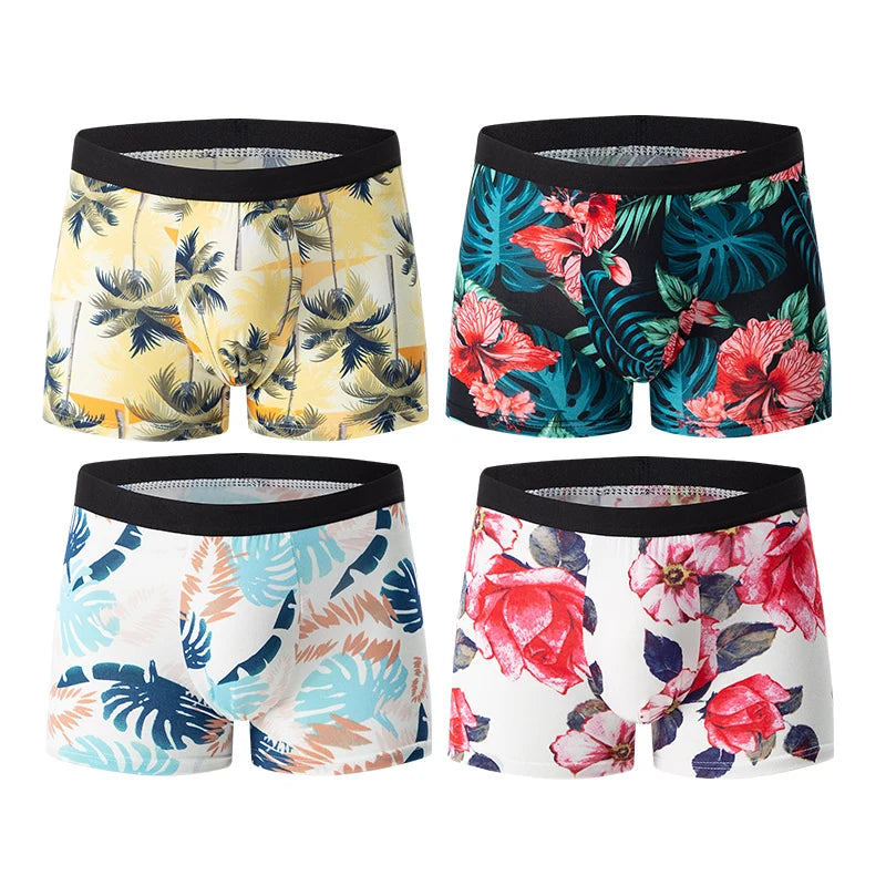 4-piece MEN'S Fashionable and Charming Flower Underwear Comfortable and Breathable Crotch Boxers Teenagers plus Size Underwear.