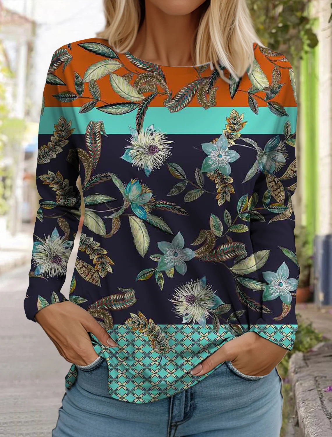 Women's white long-sleeved tops round neck casual tops 3d printed flowers fashion stickers printed women's long-sleeved T-shirt