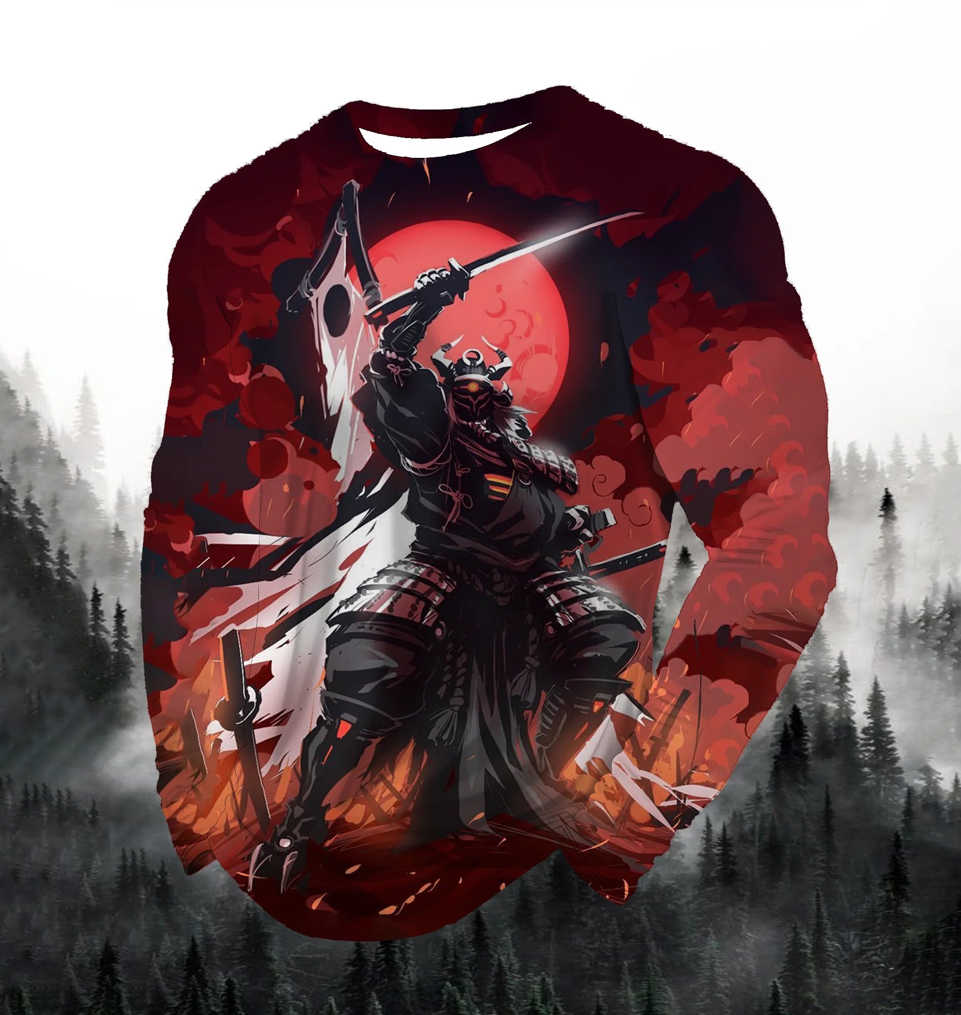 2024 Men's Fashion Printed Round Neck Long Sleeve Autumn Sports Leisure Pullover Men's 3D Japanese Samurai Printed Loose Tops