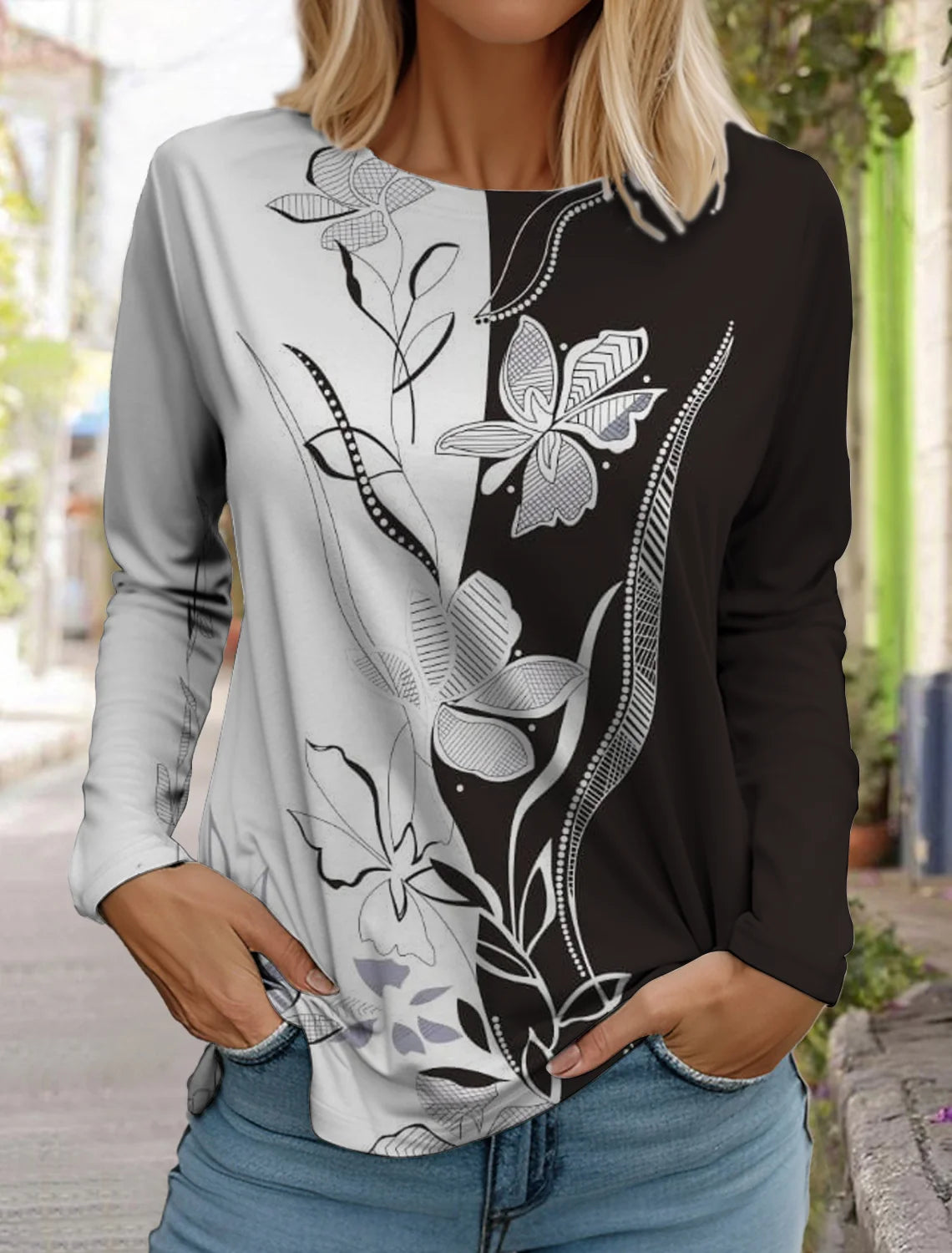 2024 women's fashion retro tops long sleeve round neck pullover casual long sleeve t-shirt new 3d printed lotus print t-shirt