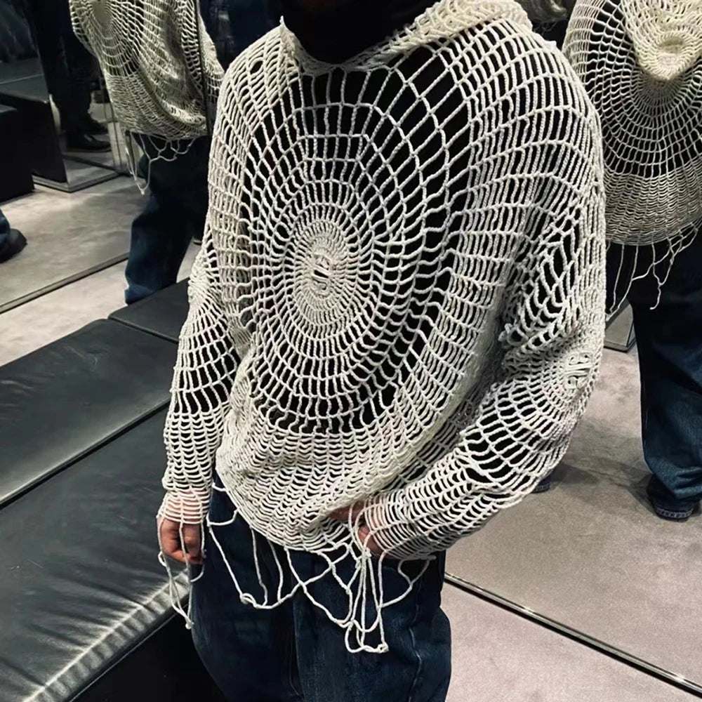 Y2K Spider Web Hooded Sweater – Men’s Hollow Knit Streetwear Pullover | Korean Grunge Oversized Hoodie (Genderless Fit)