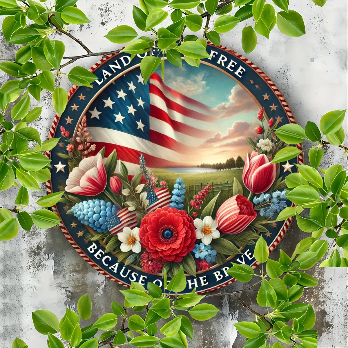 Patriotic Aluminum Foil Engraved Sign - Freedom Land Metal Wreath Door Decor, Round Plaque for Home Decor