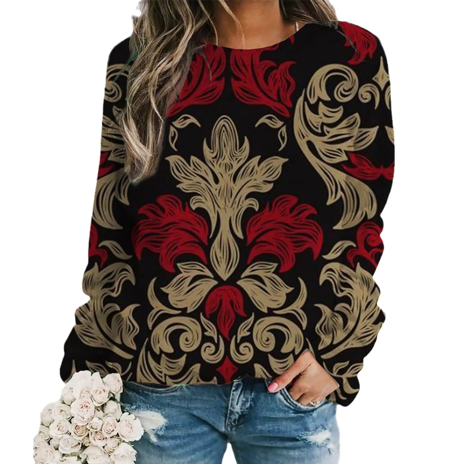2024 New Women Halloween Crow Printed Casual Sweatshirt Round Neck Casual Basic Loose Fashion Women Designer Style