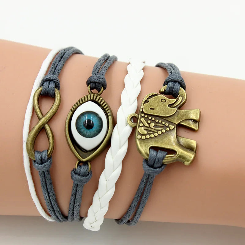 Handmade Braided Wax Cord Infinity Bracelet Ancient Evil Eye Elephant Bracelet
