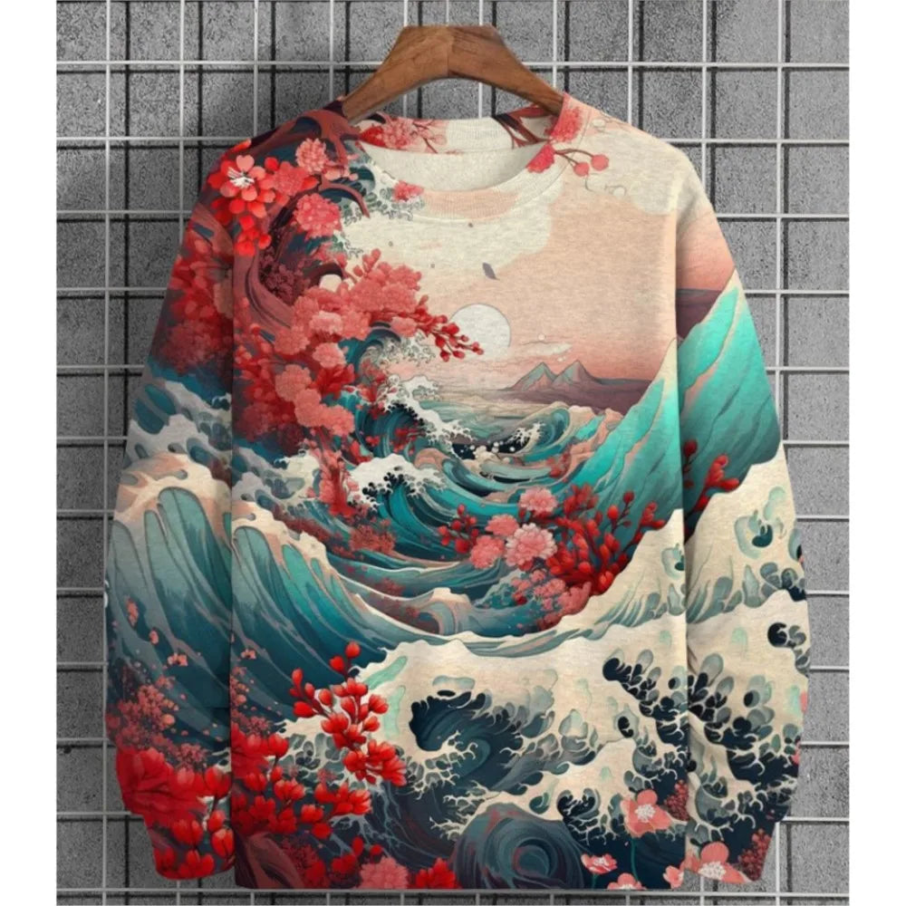 3D Print Ukiyoe Sea Wave Hoodie For Men Vintage Plant Graphic Pullover Autumn Long Sleeve Oversized Sweatshirt O-Neck Hoodies