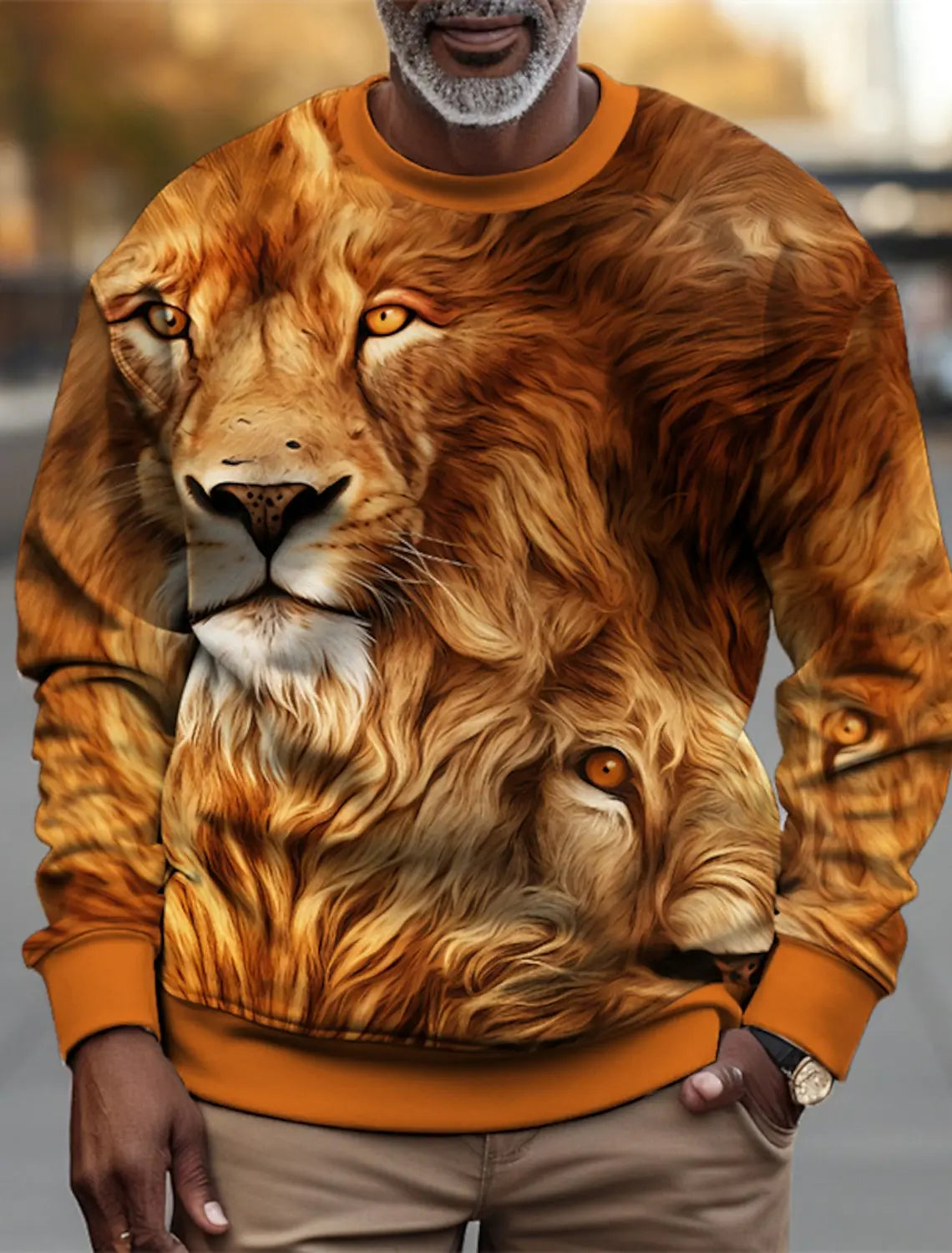 Men's Personalized Fierce Lion Animal Print Casual Sweatshirt Fashion Round Neck Pullover Sweatshirt Polyester Fabric Loose Fit
