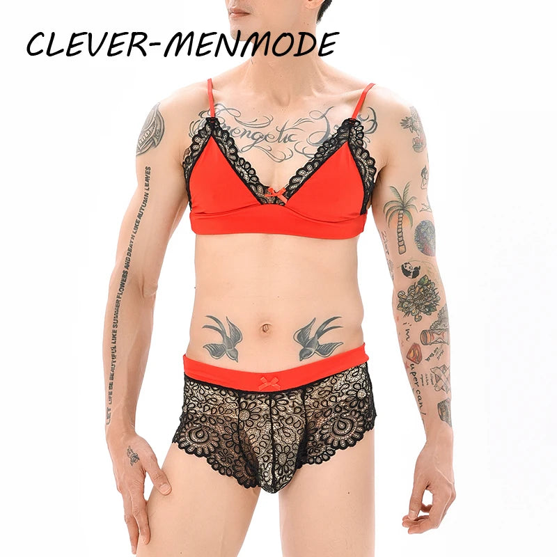 Men Sexy Crossdressing Erotic Sissy Lingerie See Through Mesh Lace Gay Underwear Male Bra Top Transparent Boxers Fetish Customs
