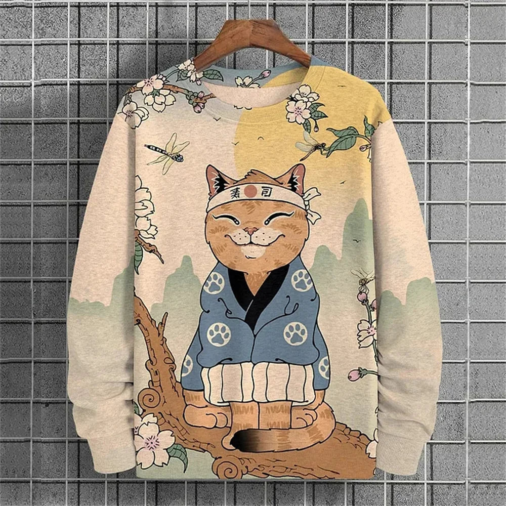 Japanese Ukiyo-e Hoodied Men's Sweatshirts Pullover Sea Wave Ramen Graphic Print Long Sleeves Hoodies Oversized Men Clothing Top