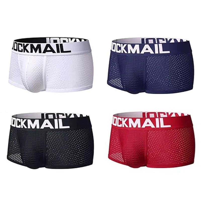 Jockmail Boxers Sexy Mens Panties Mesh Quick-drying Breathable Calzoncillos Solid Color Simple Boxers Hombre Semi-transparent
