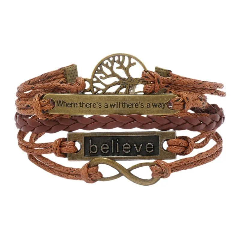 Brown Braided Wrap Leather Infinity Charm Bracelet Believe Tree of Life