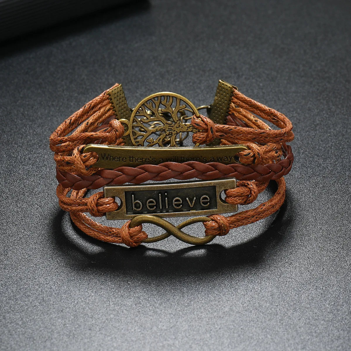 Brown Braided Wrap Leather Infinity Charm Bracelet Believe Tree of Life